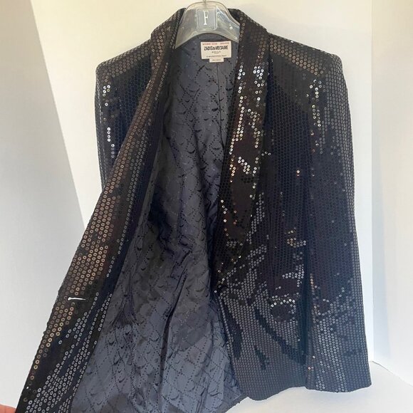 Zadig & Voltaire Vive Sequin Tuxedo Blazer Black Sparkle Jacket Womens M 38 - Picture 4 of 13